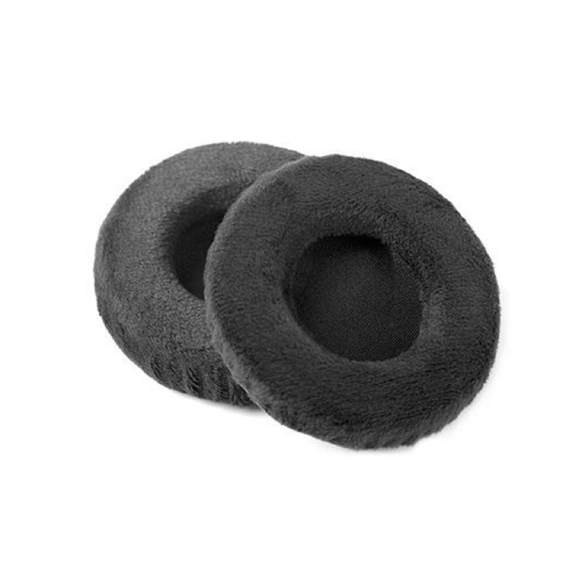 Zwei schwarze, flauschige Ohrpolster. Sie sind kreisförmig und haben eine weiche, strukturierte Oberfläche.
