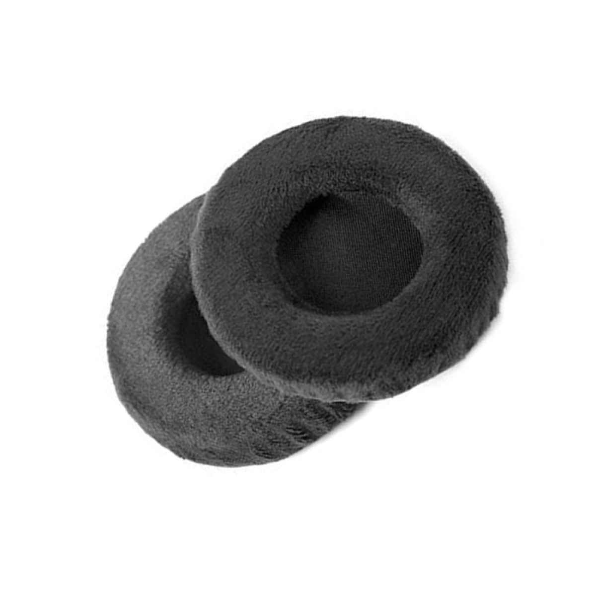 Zwei schwarze, runde Ohrpolster, flauschig, mit zentralem Mesh. Weißer Hintergrund.