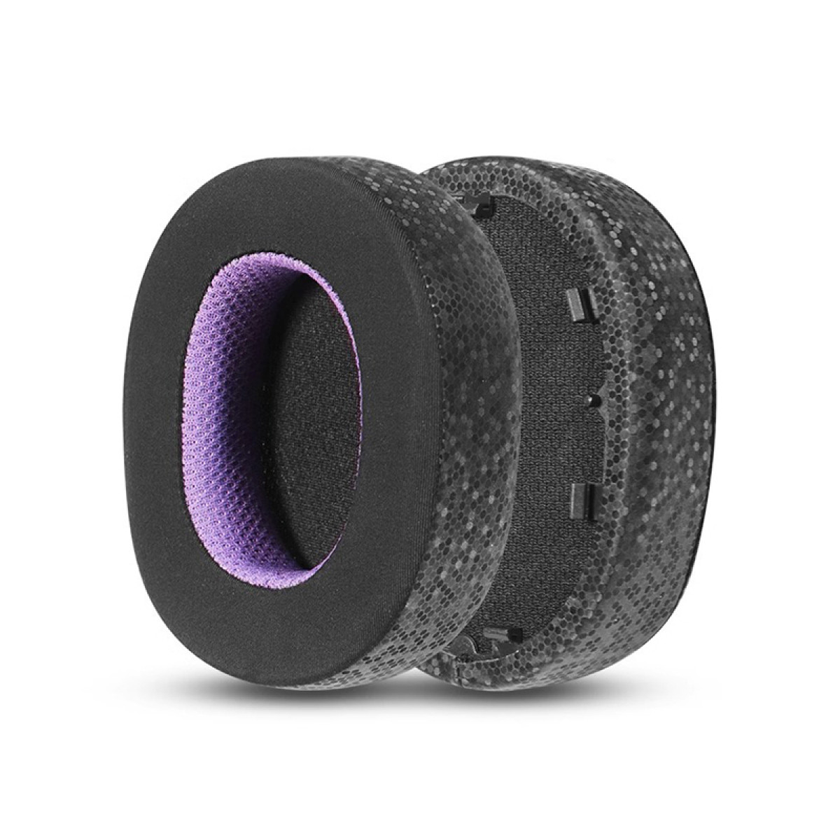 Dwie czarne nauszniki z fioletowym wnętrzem z siatki. Jedna z przodu i jedna z tyłu, pokazująca wzór plastra miodu.