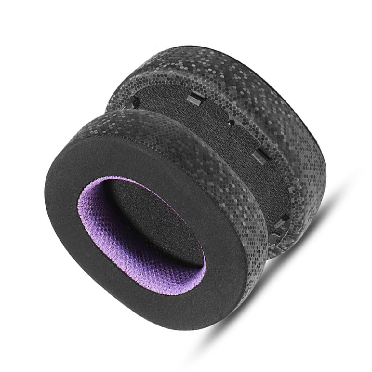 Dwie czarne i fioletowe nausznice. Jedna jest lekko pochylona, aby pokazać wnętrze.