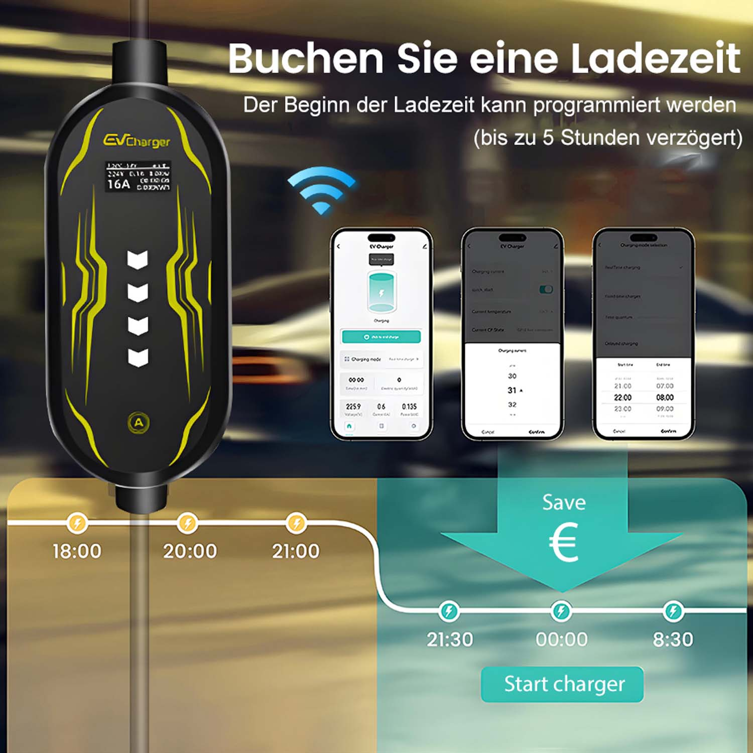 Ładowarka EV w czarno-żółtym designie, pokazująca ekrany smartfonów z informacjami o ładowaniu.