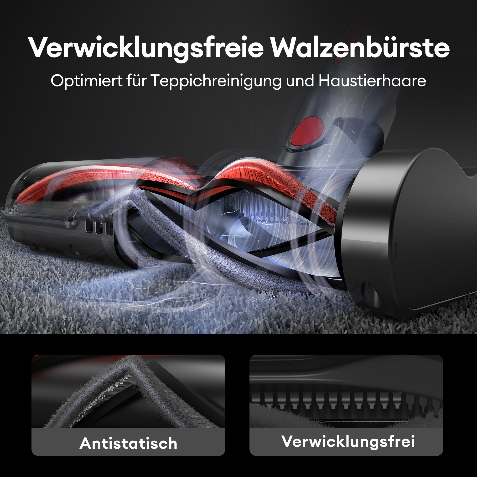 Staubsaugerbürste mit zwei Abschnitten, die antistatische und verwicklungsfreie Eigenschaften zeigen.