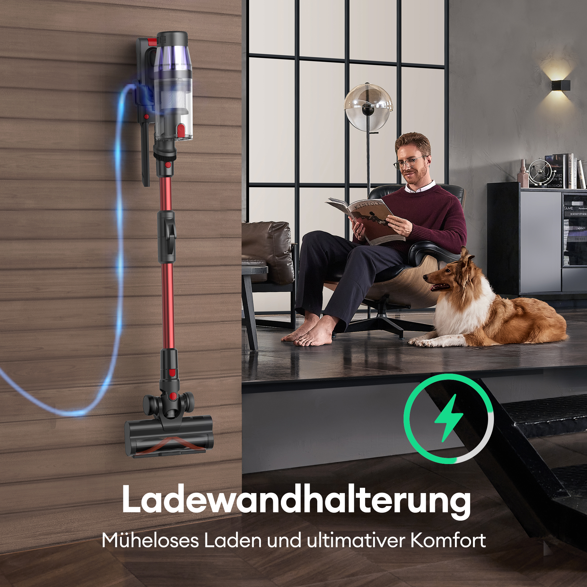 Ein roter und schwarzer kabelloser Staubsauger an der Wand, neben einem lesenden Mann und einem Hund.