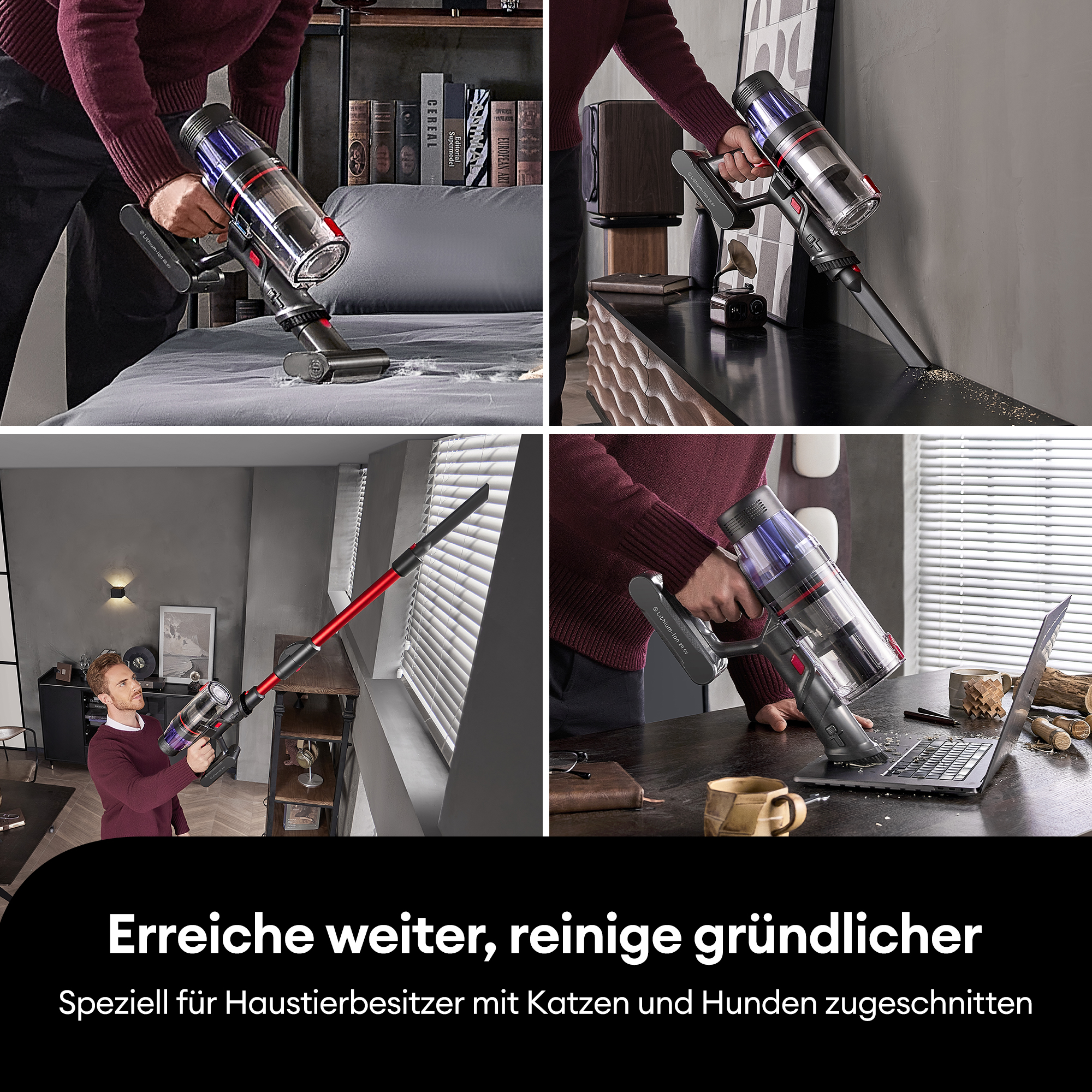 Ein kabelloser Staubsauger in Gebrauch, mit mehreren Bildern, die verschiedene Szenarien zeigen.
