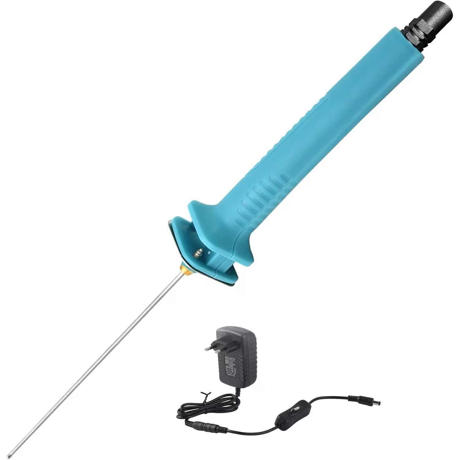 Blauer Schaumschneider mit schwarzem Adapter und Kabel auf weißem Hintergrund.