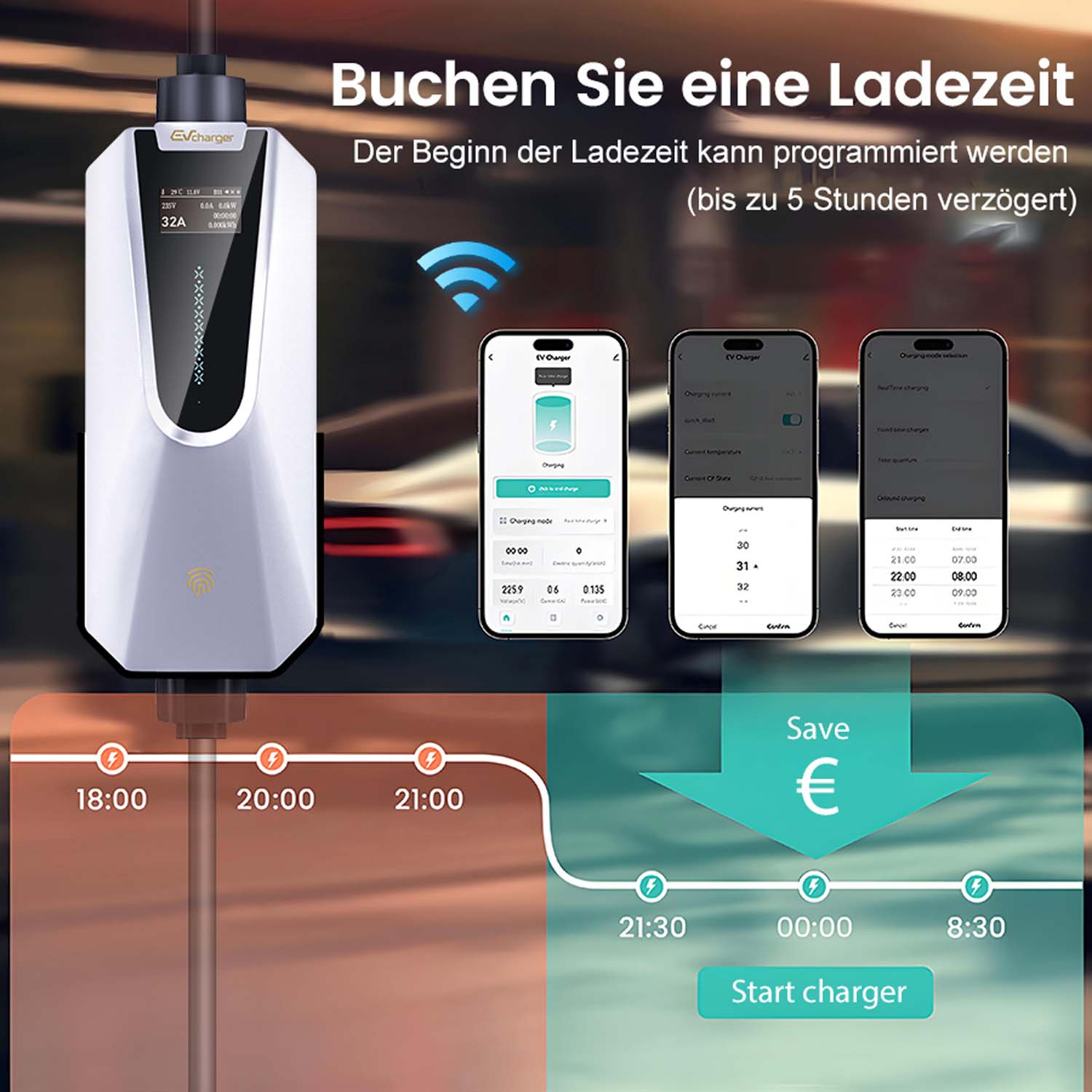 Ładowarka EV z ekranami telefonów pokazującymi informacje o ładowaniu. Szczegóły obejmują przedziały czasowe i ikonę zapisu.