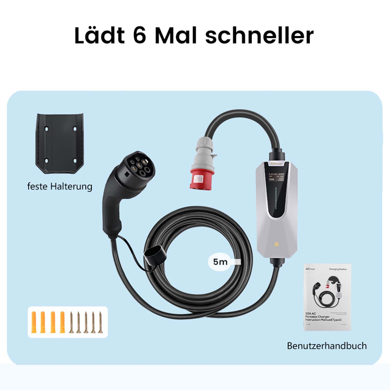 Ein EV-Ladegerät mit Kabel, Befestigungsmaterial und Benutzerhandbuch, mit Text auf Deutsch.