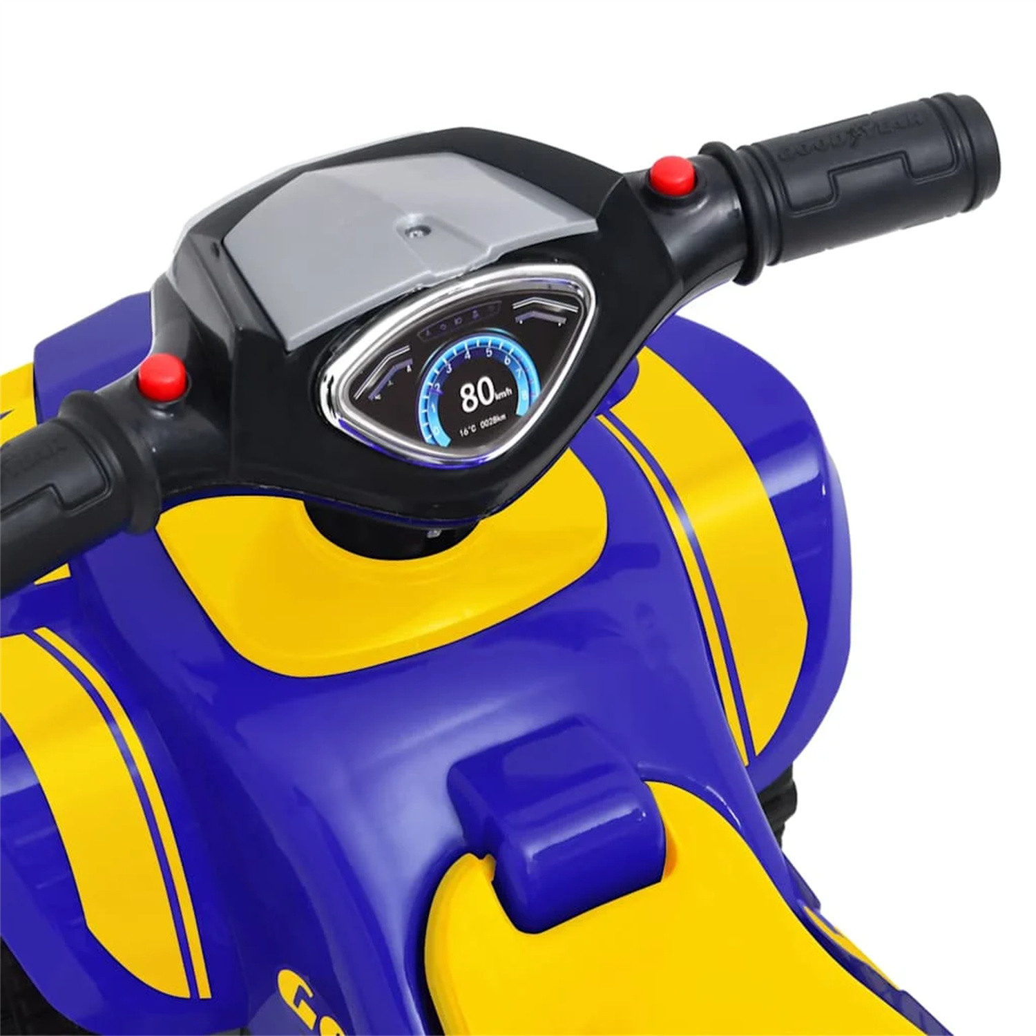 Nahaufnahme des Armaturenbretts eines blauen, gelben und schwarzen Spielzeugfahrzeugs mit Tachometeranzeige.