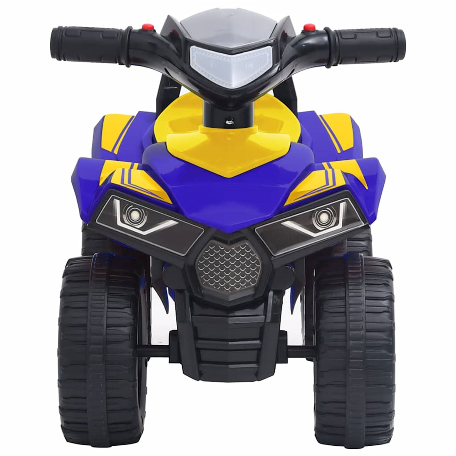 Ein blau-gelbes Kinder-ATV-Spielzeug. Es hat vier schwarze Reifen und schwarze Lenker.