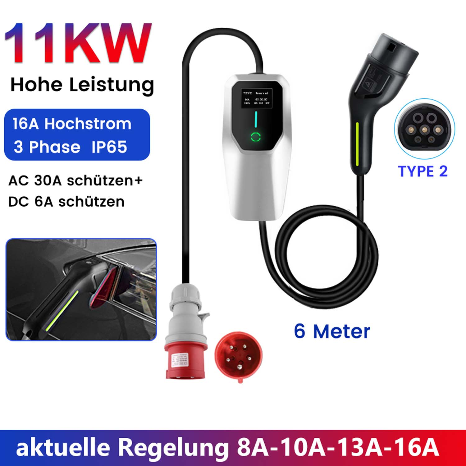 Ładowarka do pojazdów elektrycznych z etykietami w języku niemieckim. Ma wiele wtyczek i wyświetlacz cyfrowy.