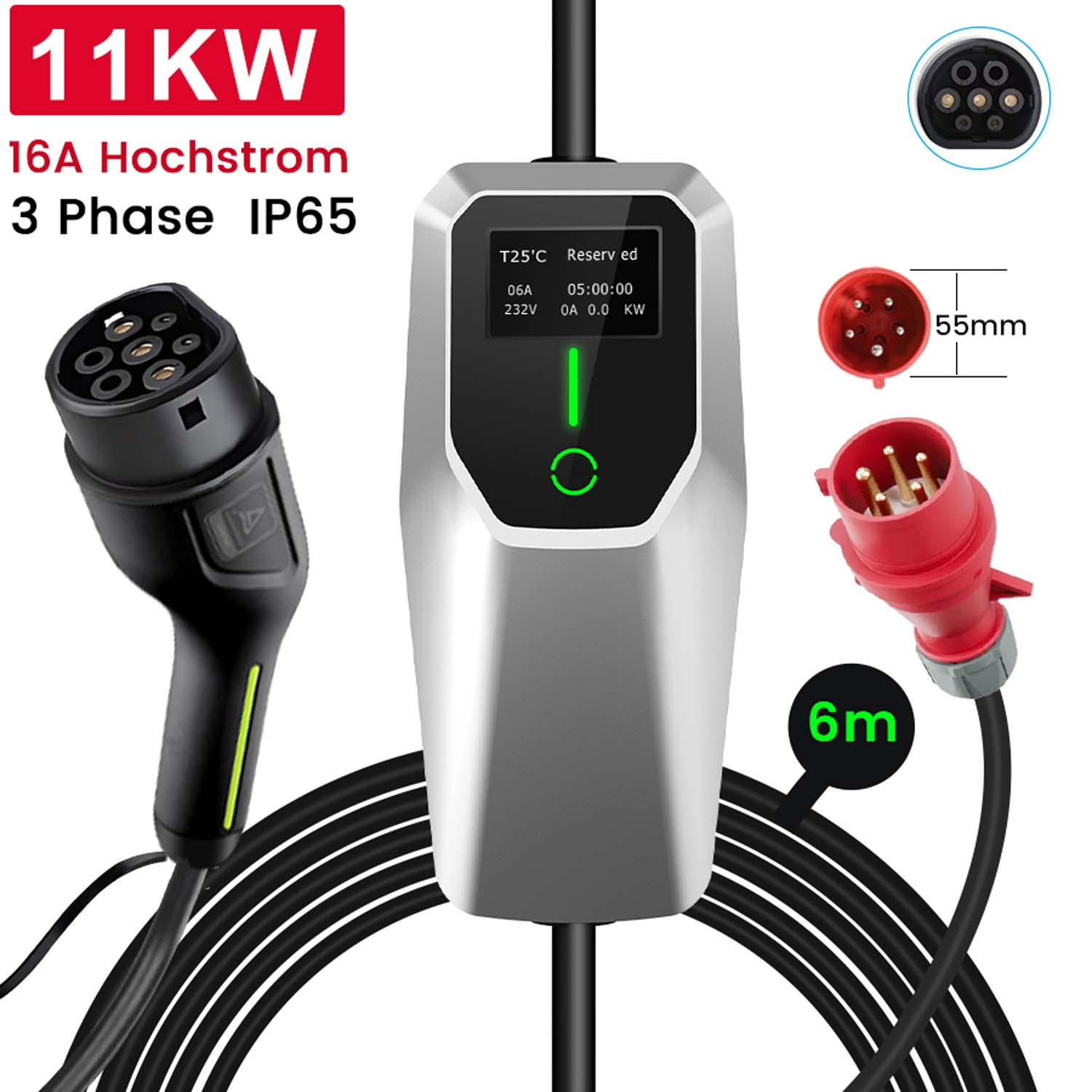 Ładowarka EV z wtyczką 3-fazową i różnymi złączami. Kabel czarny, około 6m długości.