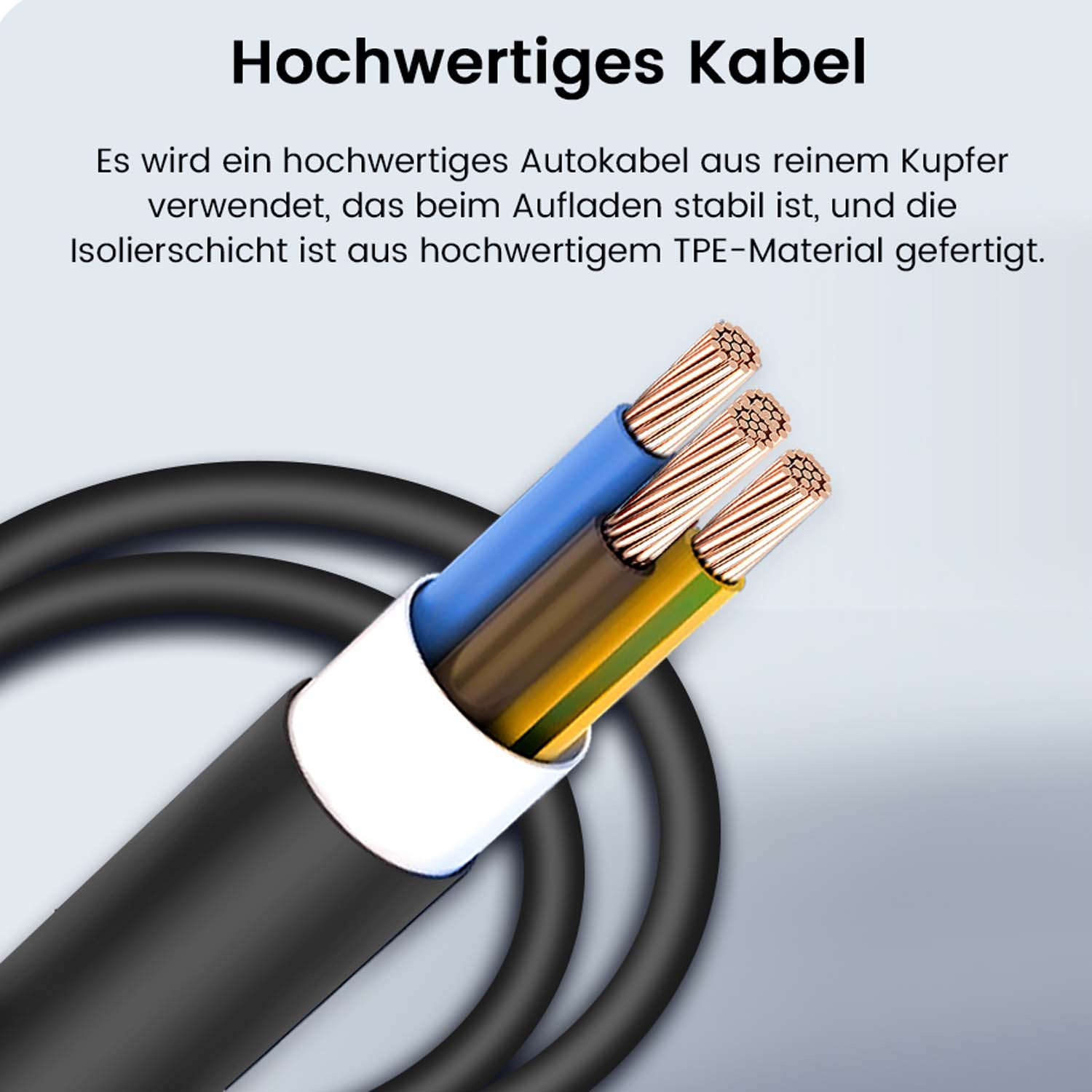 Kabel z trzema kolorowymi przewodami. Niebieskie, brązowe i żółto-zielone przewody są widoczne wewnątrz czarnego kabla.