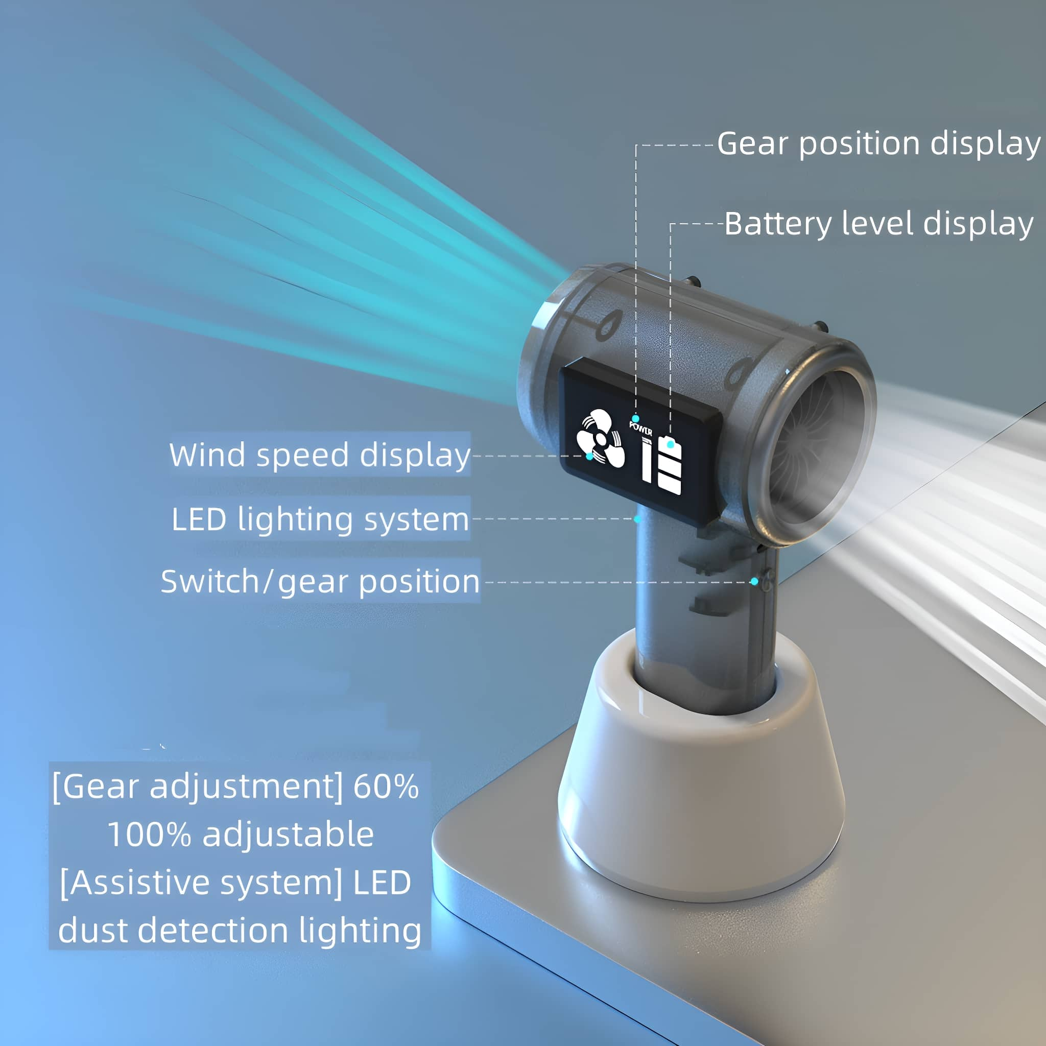 Ein schwarz-silberner persönlicher Ventilator mit Display, der auf einem weißen Sockel steht. Er hat blaue Lichtstrahlen.