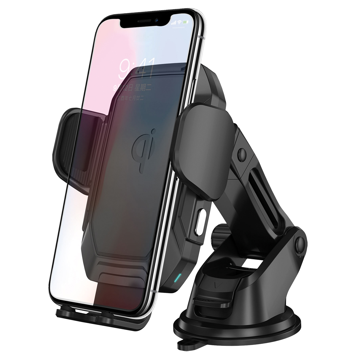 Schwarzer Telefonhalter an einer Windschutzscheibe. Er hält ein Telefon mit einer Anzeige von Zeit und einem Lade-Logo.