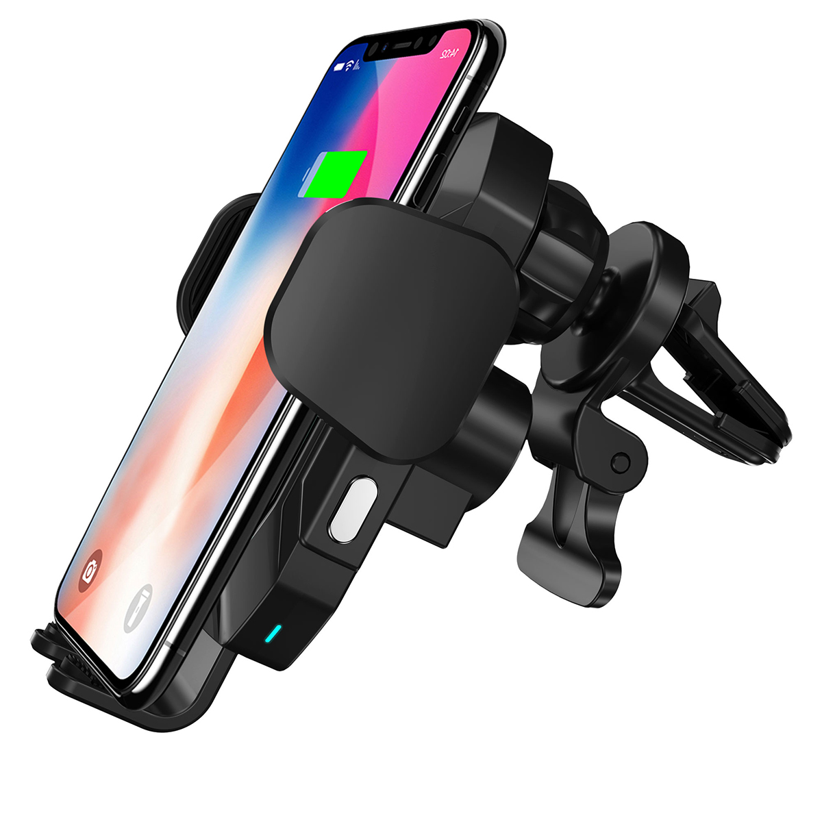 Schwarzer Telefonhalter mit ladendem Telefon. Telefon zeigt App.