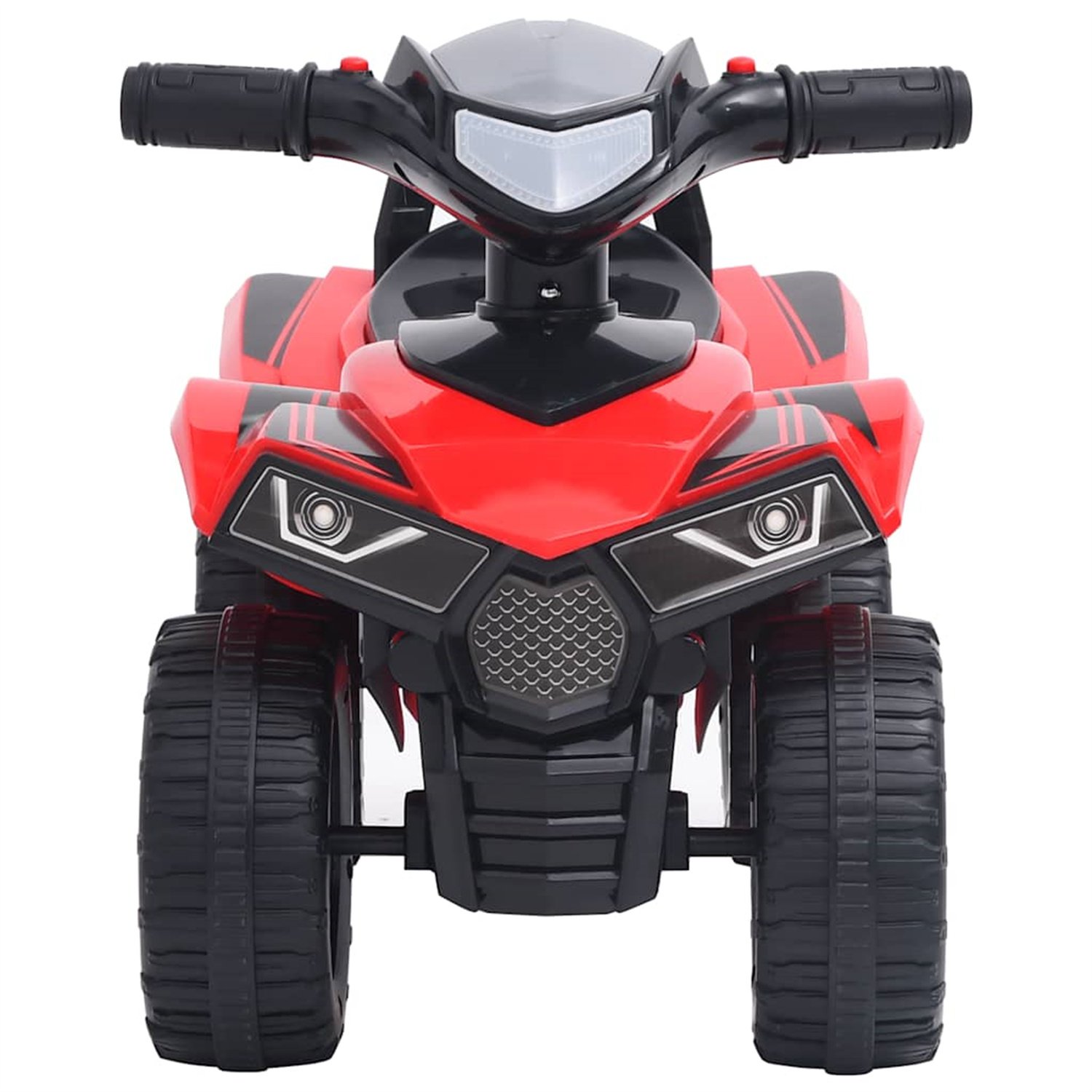 Rotes und schwarzes Spielzeug-ATV. Vorderansicht, schwarzer Lenker, schwarze Räder und Scheinwerfer auf weißem Hintergrund.
