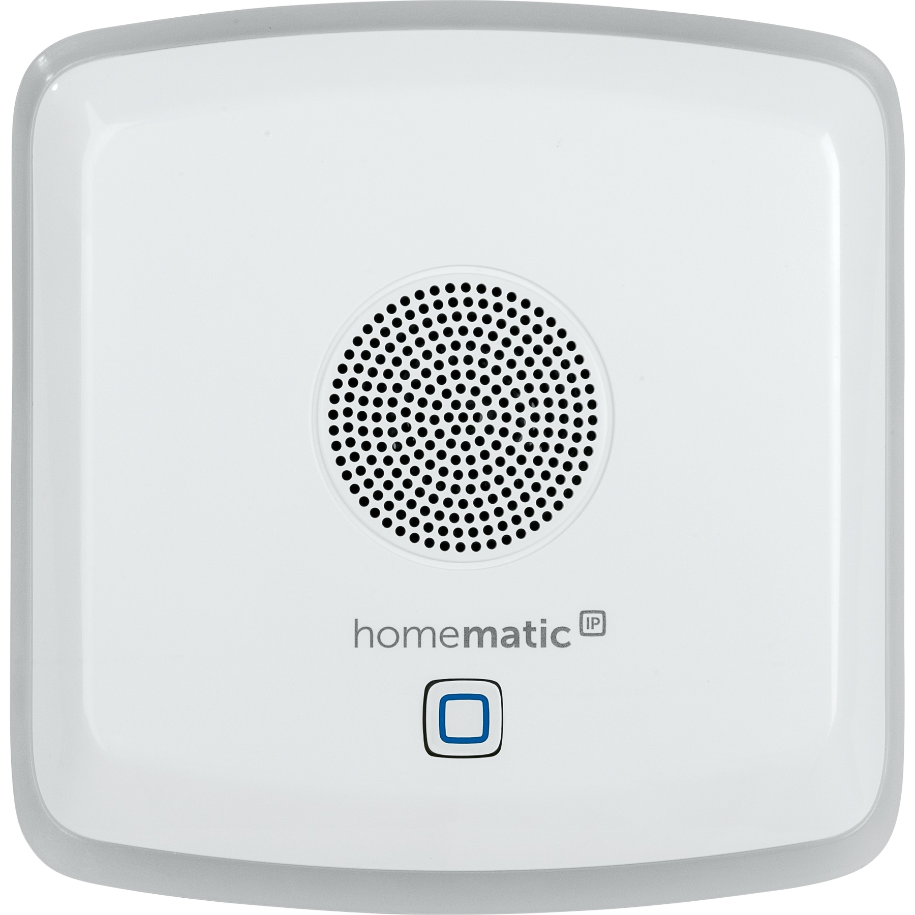 Weißes, quadratisches Smart-Home-Gerät mit Lautsprecher, beschriftet 'homematic ip' und einem blauen Knopf.