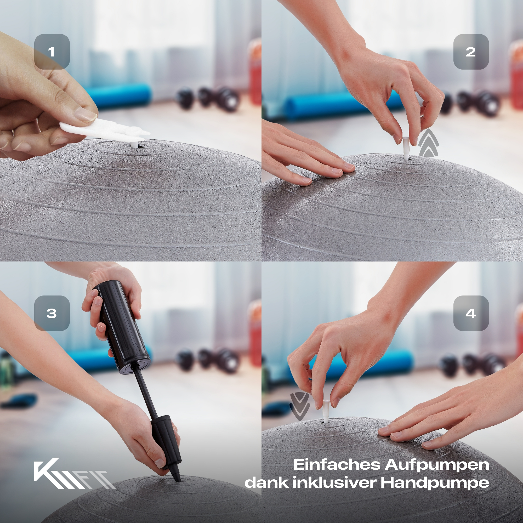 Vier Bilder zeigen die Schritte zum Aufpumpen eines grauen Gymnastikballs mit Handpumpe.