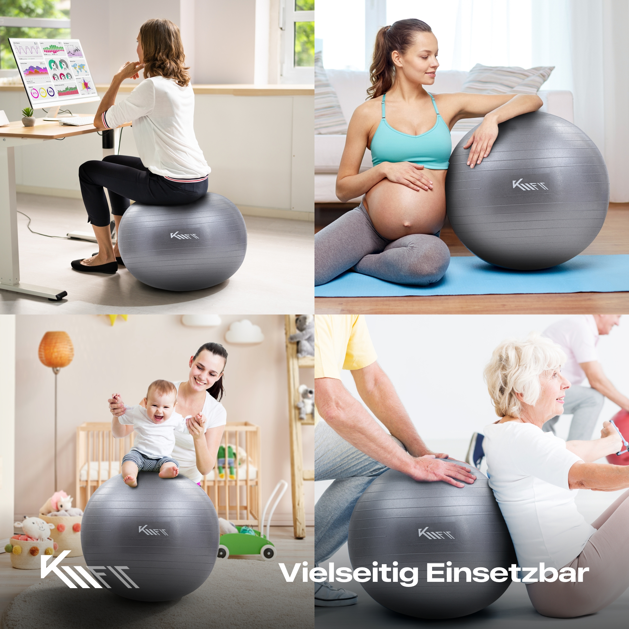 Eine Collage, die Menschen zeigt, die in verschiedenen Umgebungen Gymnastikbälle benutzen: bei der Arbeit, schwanger, mit Baby und Senioren.