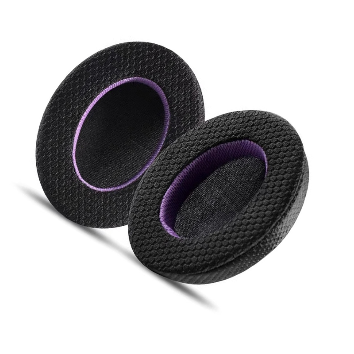 Dwie czarne i fioletowe nausznice. Wewnętrzny pierścień jest fioletowy.