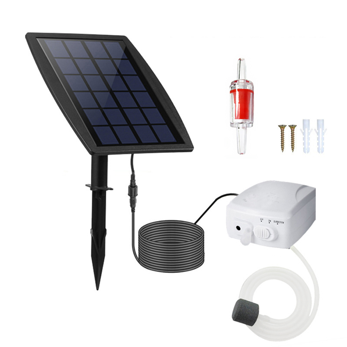 Solarpanel, Luftpumpe, Schlauch und Zubehör. Artikel sind schwarz, weiß und rot. Weißer Hintergrund.