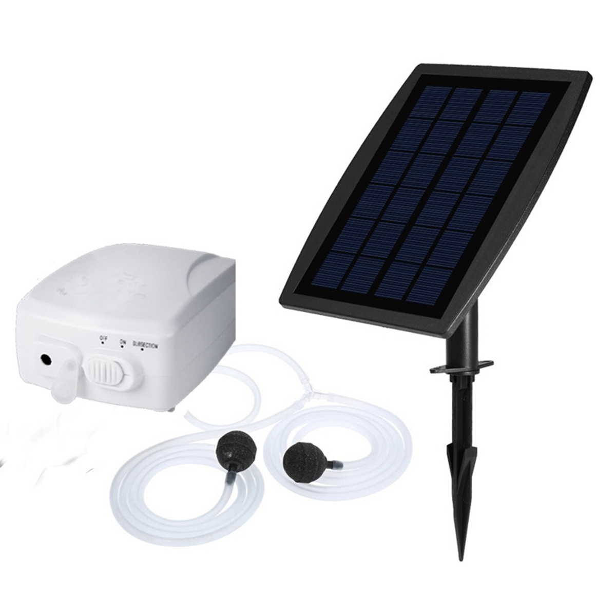 Solarpanel mit Luftpumpe, Schläuchen und zwei Luftsteinen für einen Teich oder ein Wasserspiel.
