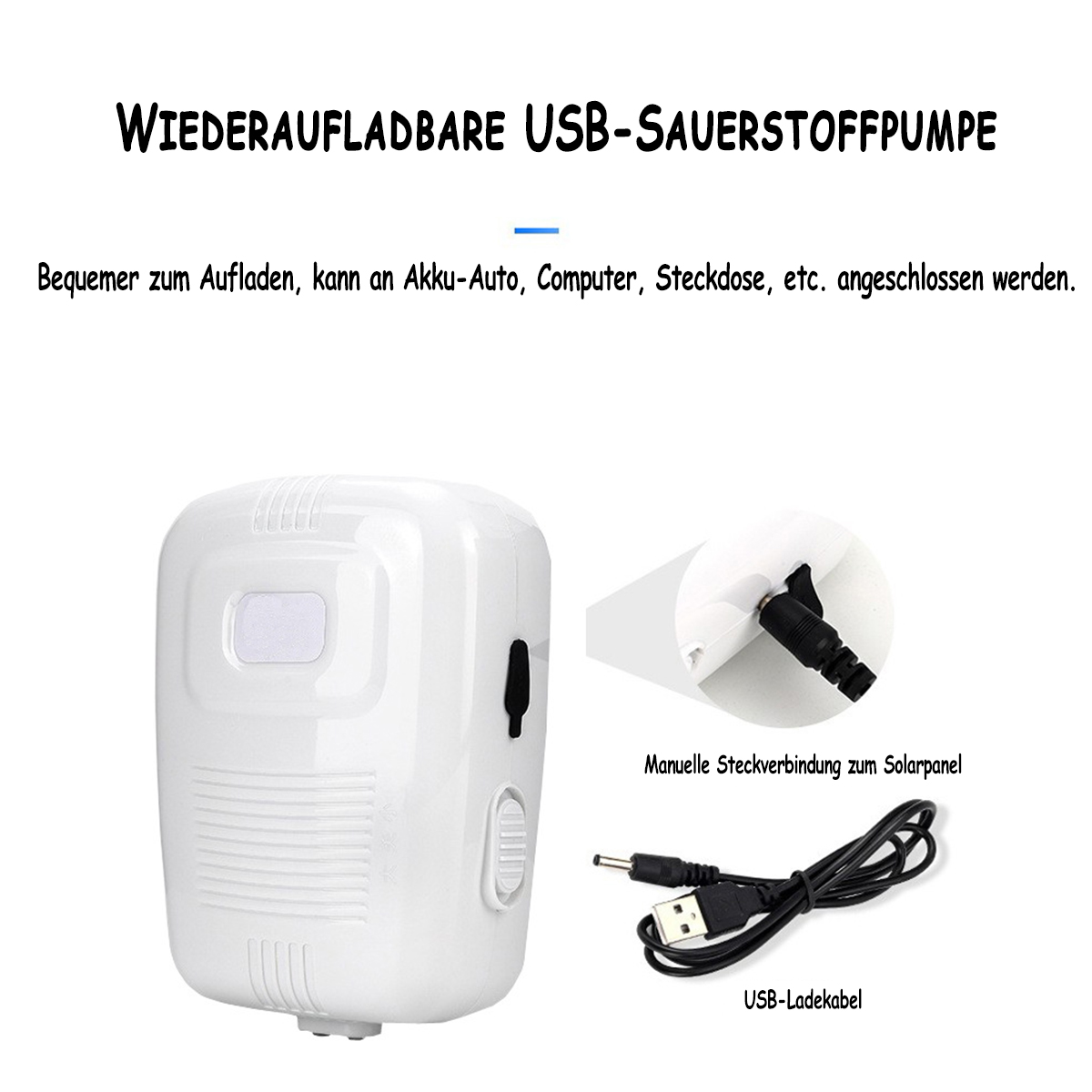 Eine weiße USB-Sauerstoffpumpe mit Text und einem USB-Kabel.