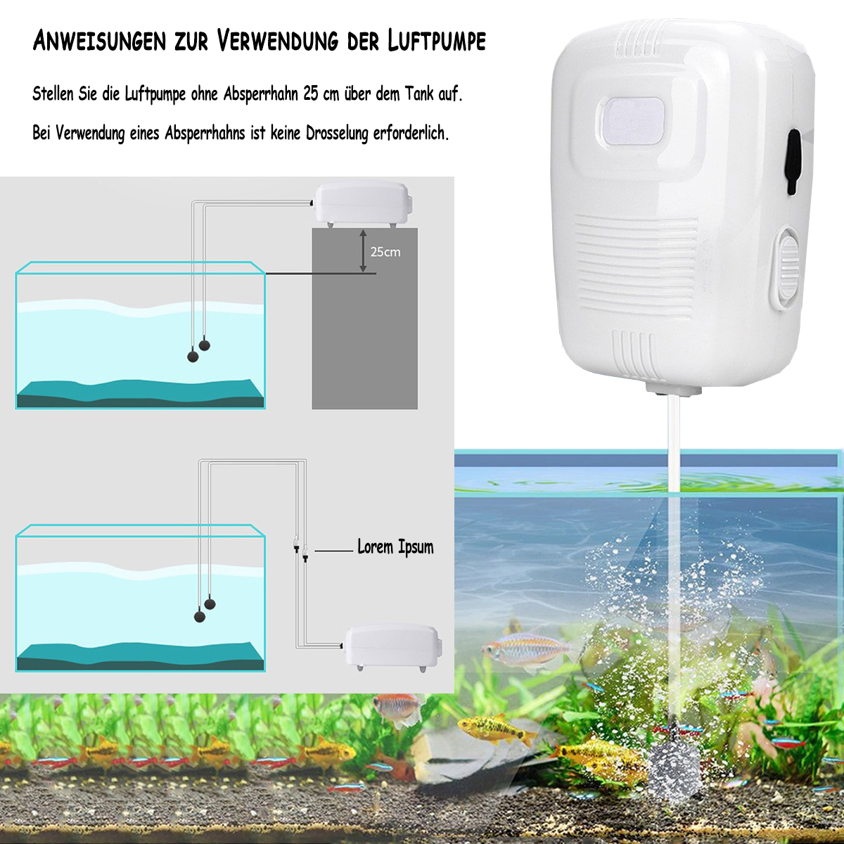 Diagramm einer Luftpumpe in einem Aquarium. Anweisungen und ein Aquarium mit Fischen werden gezeigt.