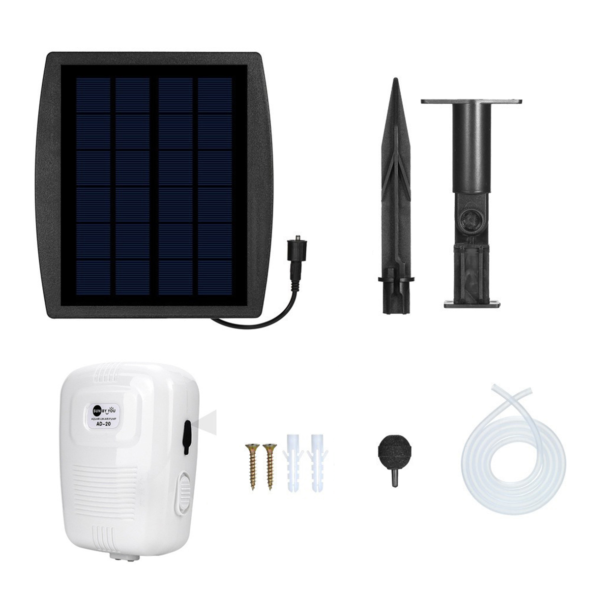 Solarbetriebenes Luftpumpen-Kit mit Panel, Pfählen und Schläuchen. Verschiedene Komponenten gezeigt.