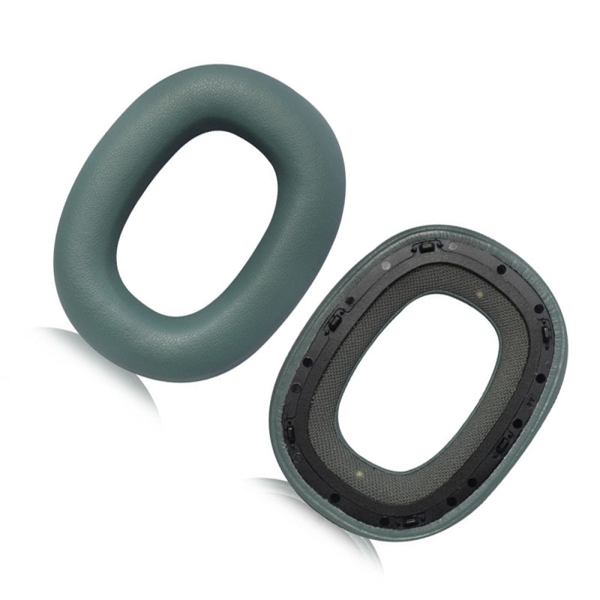 Dwie turkusowe poduszki do słuchawek, jedna na górze, a druga pod kątem w górę.