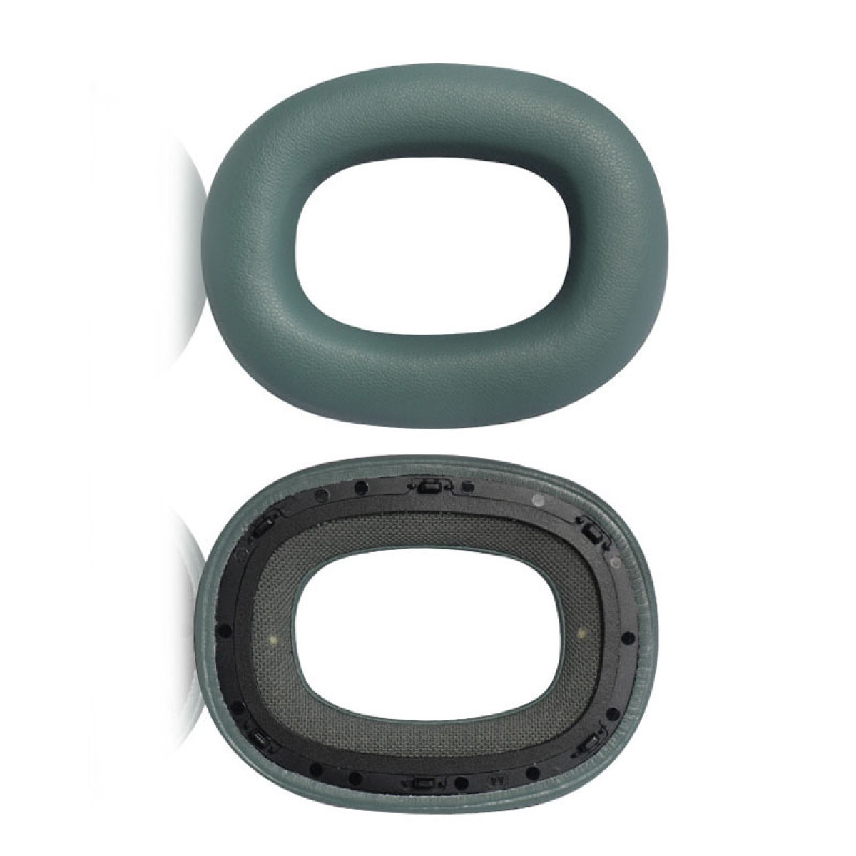 Dwa nauszniki do słuchawek: widok z góry turkusowy, widok z dołu rozebrany z wewnętrznymi częściami.