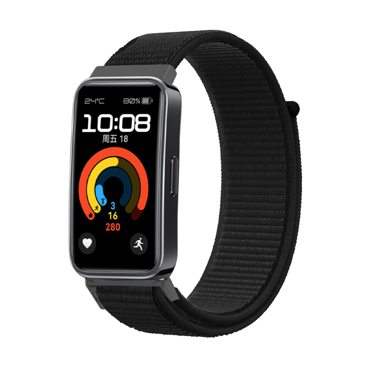 Smartwatch z czarnym paskiem, wyświetlaczem cyfrowym z czasem i danymi fitness. Czarna ramka i pasek.