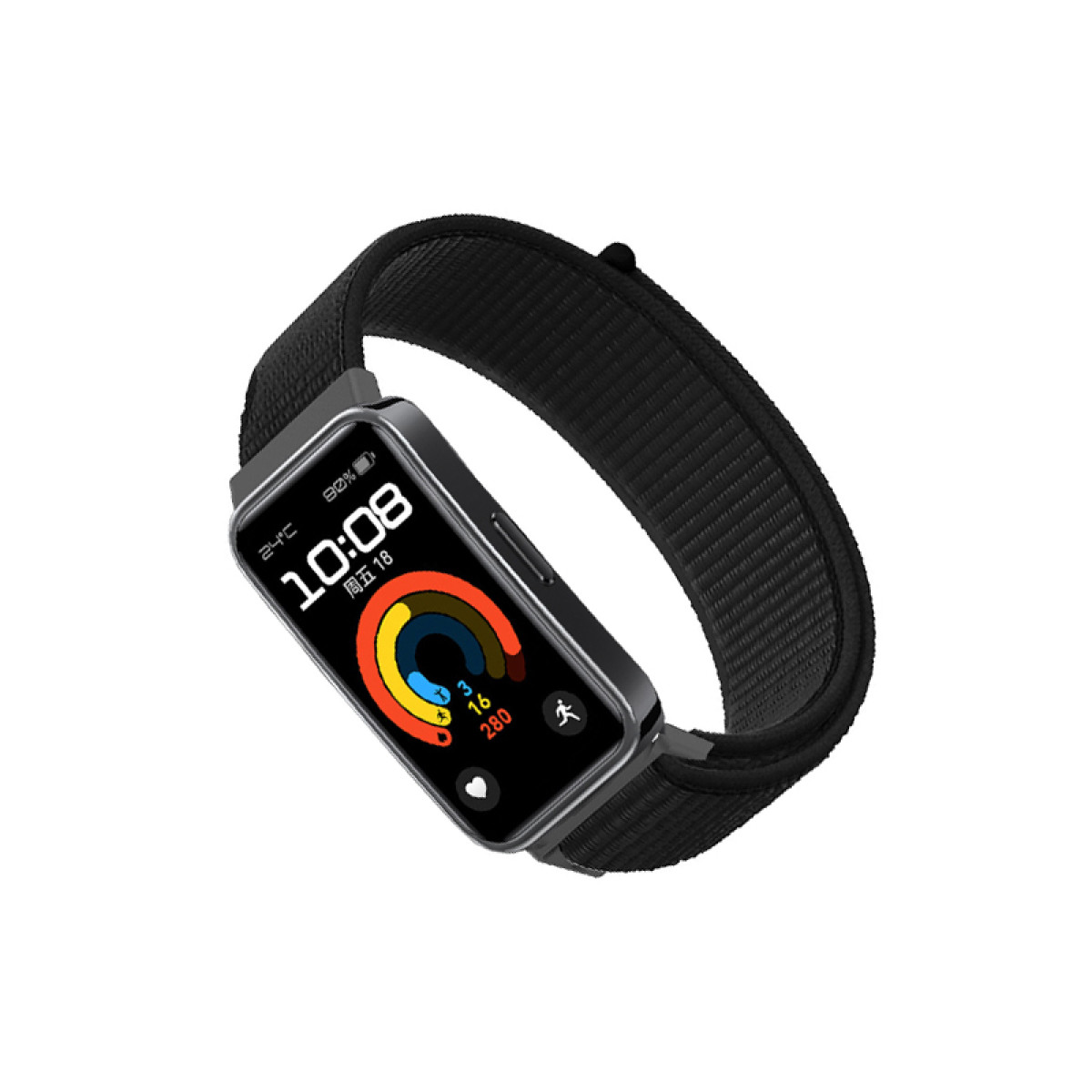Czarny smartwatch z czarnym paskiem. Ekran wyświetla czas i wskaźniki fitness.