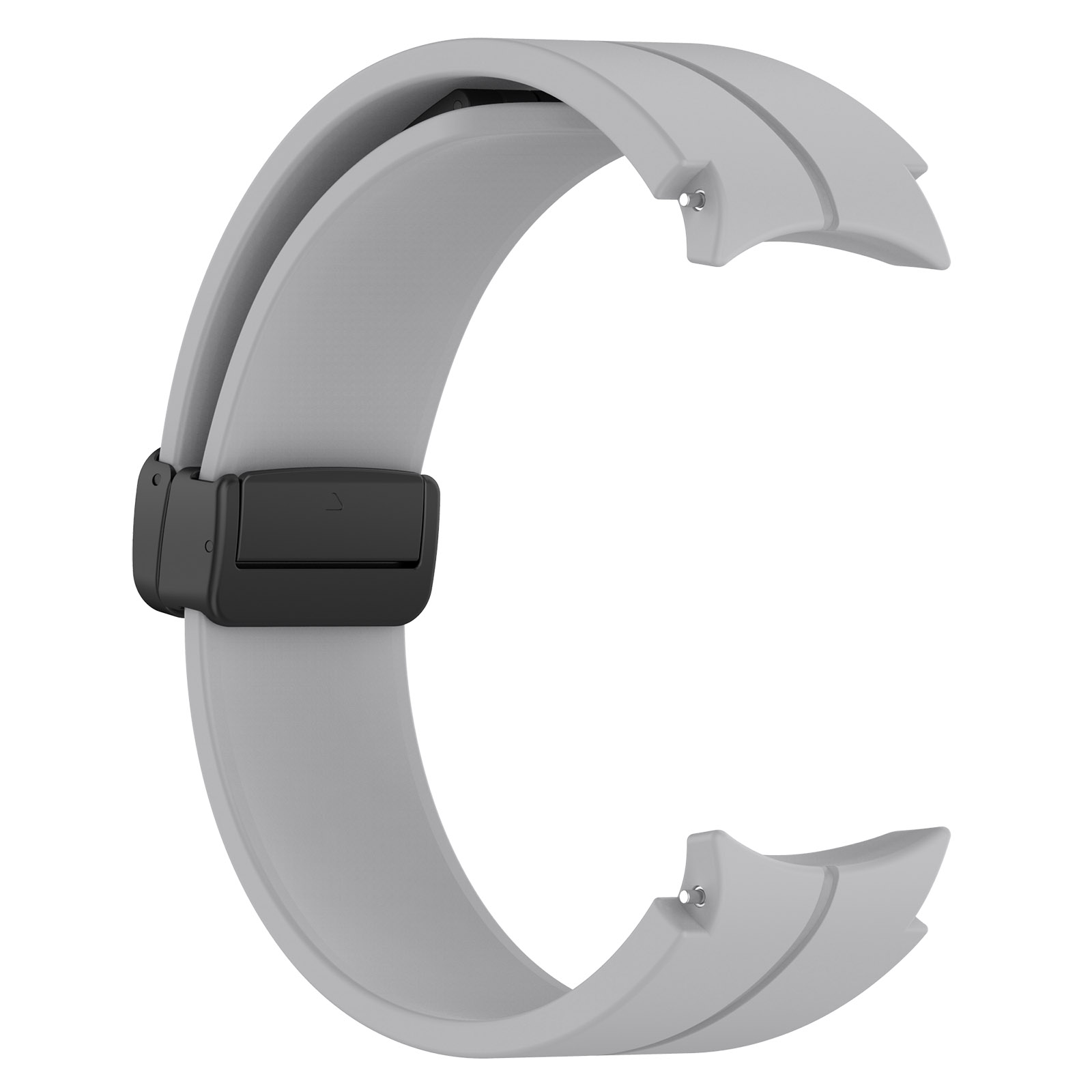Accessoire de bracelet de montre gris. Il a une forme de C avec un fermoir noir. Fond blanc.
