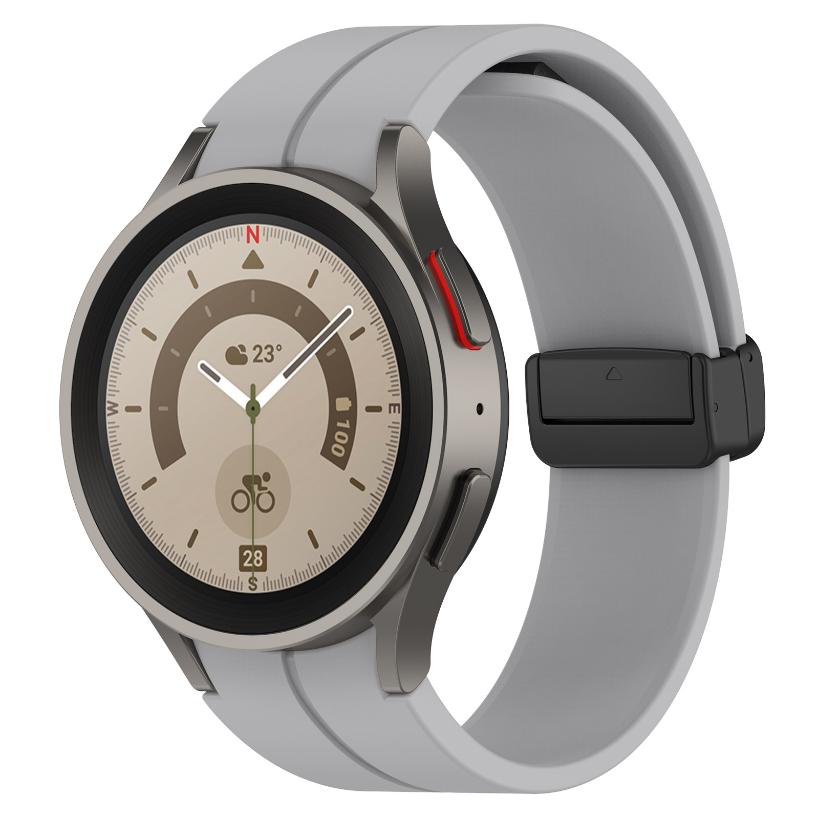 Smartwatch argentée avec bracelet gris et fermoir noir. Le cadran affiche des données.