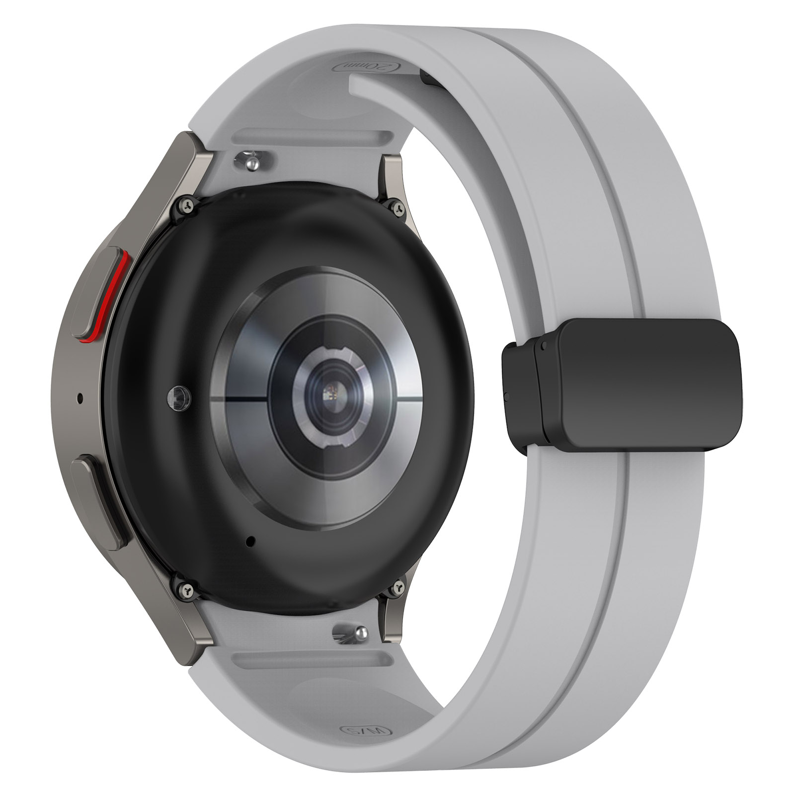 Smartwatch vu de dos, avec un bracelet gris clair. La montre a un capteur noir et un cadre argenté.