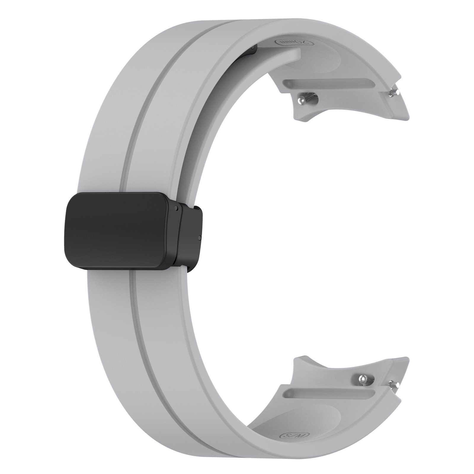 Un bracelet de montre gris avec un fermoir noir.