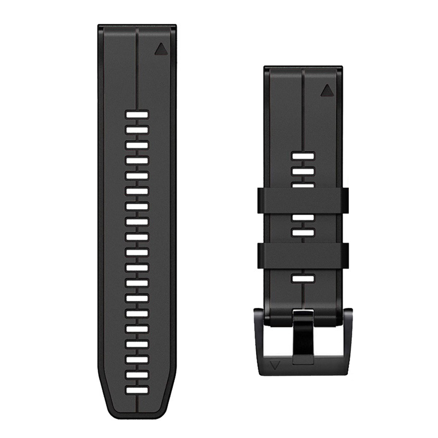 Dwa czarne paski do zegarka. Jeden ma otwory, drugi klamrę i uchwyty.