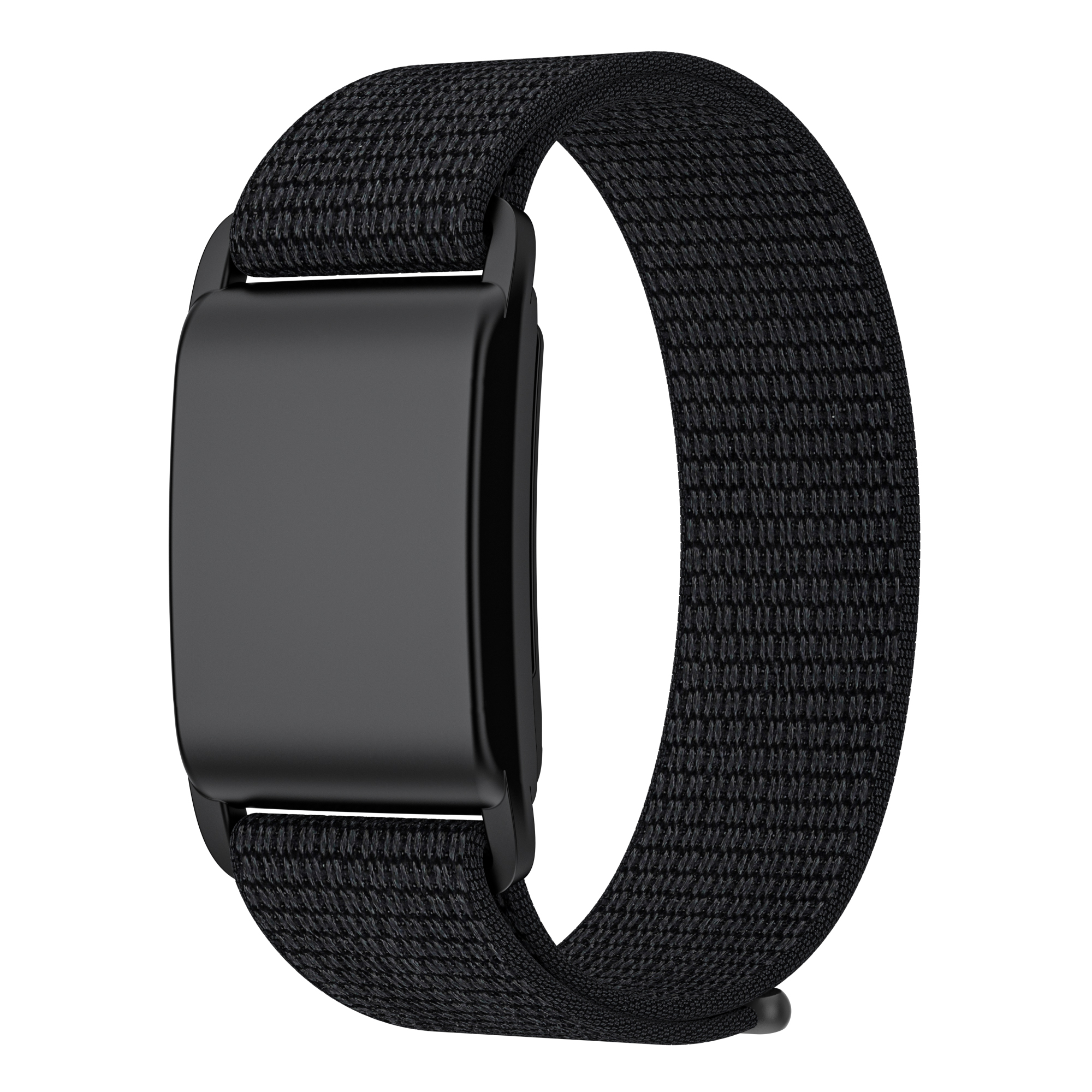 Schwarzes Smartwatch-Armband. Es ist ein Schlaufendesign mit einem schwarzen, rechteckigen Verschluss. Das Band ist aus Stoff.