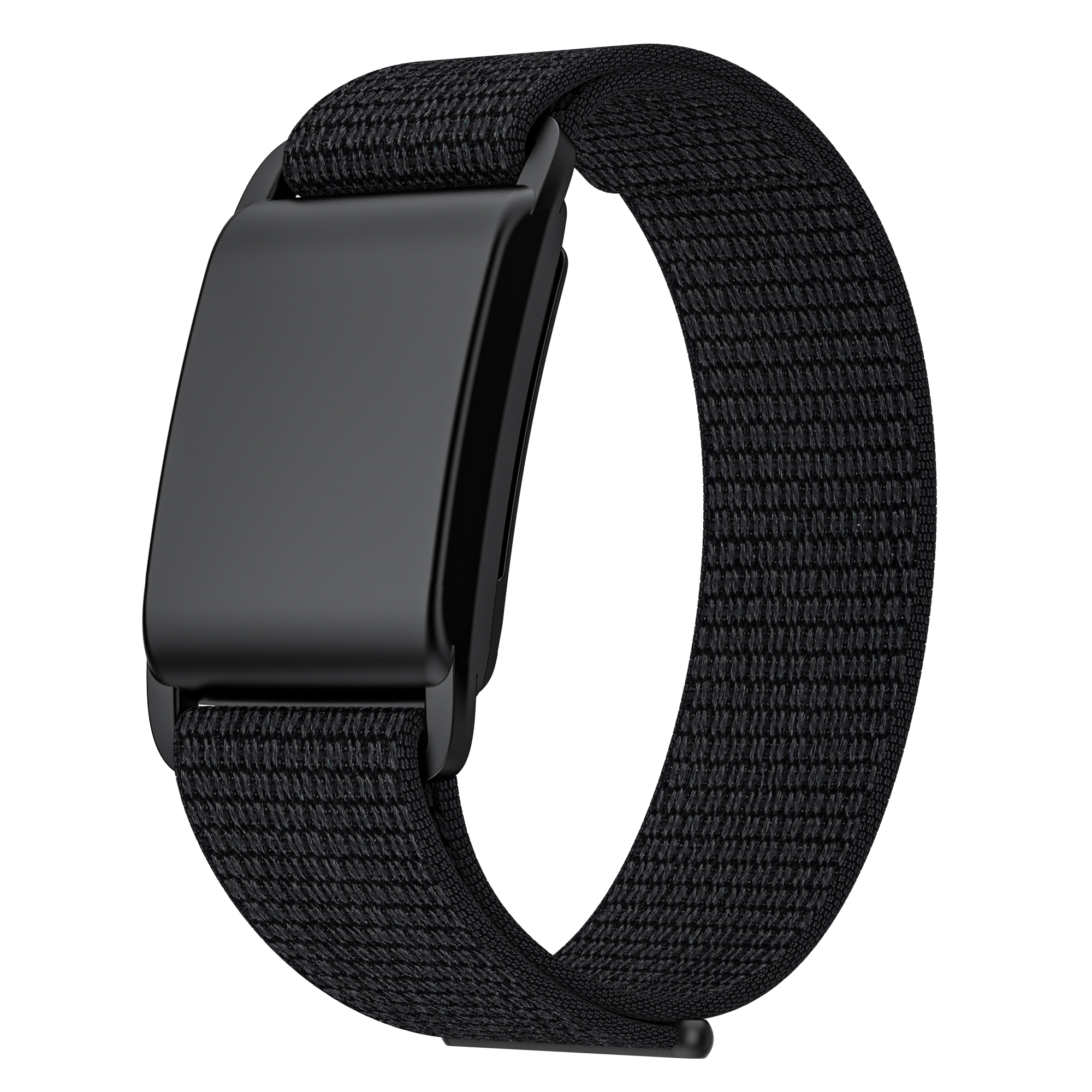 Schwarzes Fitness-Tracker-Armband, zeigt ein geschlossenes Schleifendesign mit rechteckiger Komponente.