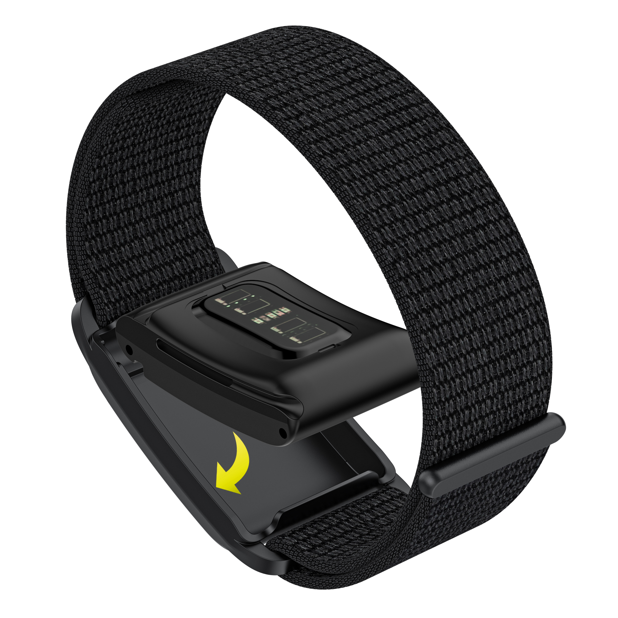 Ein schwarzer Fitnesstracker mit schwarzem Armband. Auf dem Gerät ist ein gelber Pfeil zu sehen.