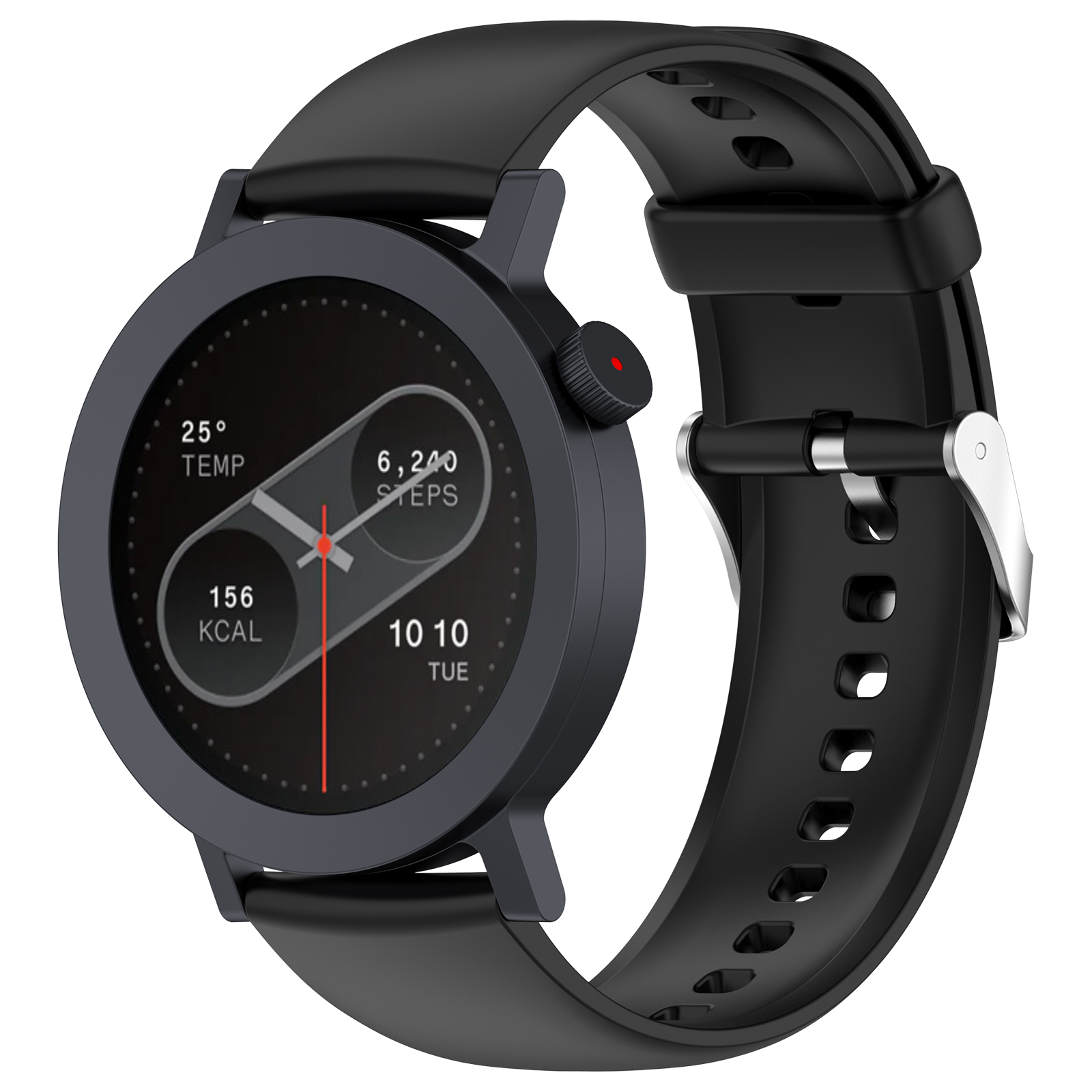 Schwarze Smartwatch mit schwarzem Armband. Bildschirm zeigt Temperatur, Schritte und Zeit.