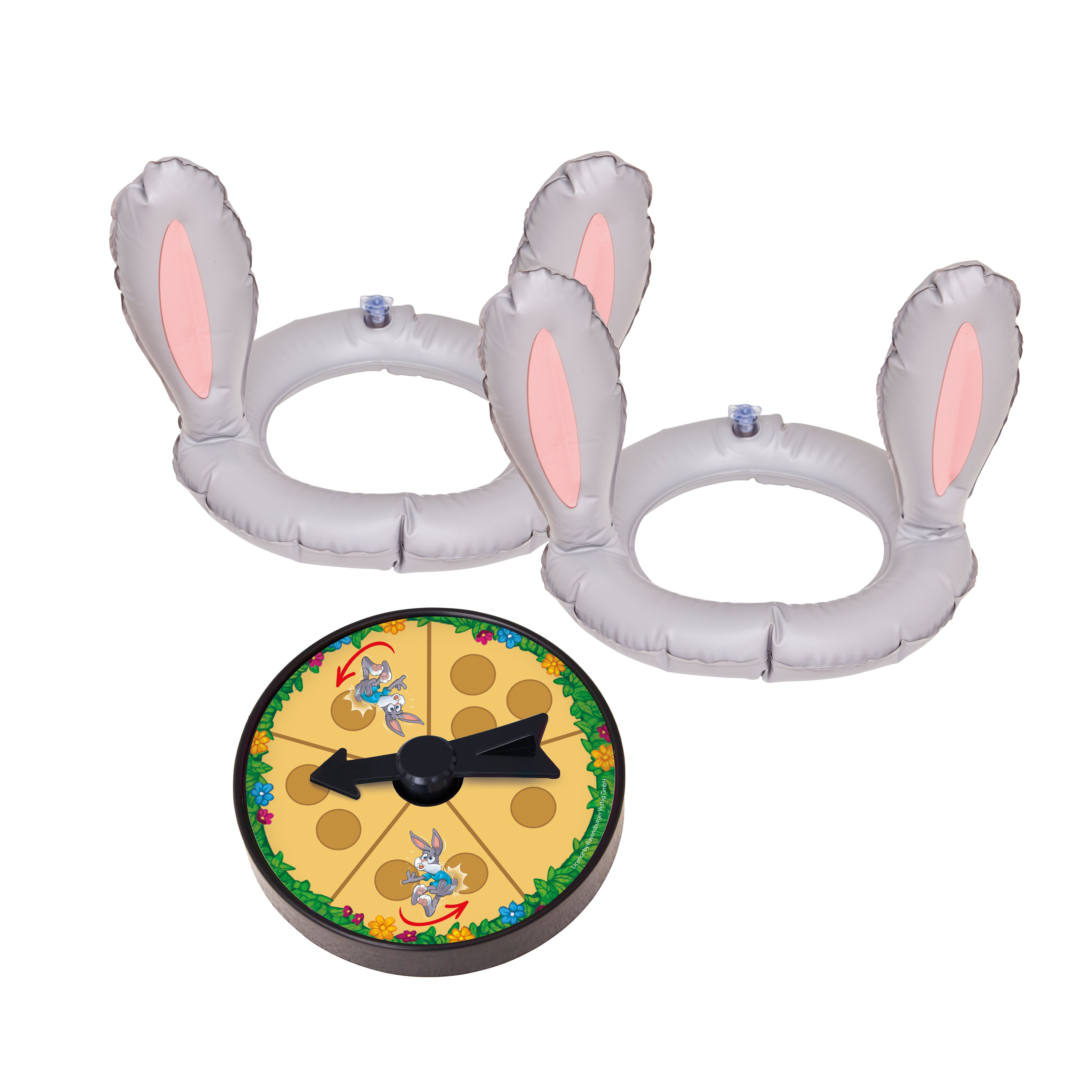 Zwei aufblasbare Hasenohrenringe und ein Bugs Bunny-Spiel-Spinner auf weißem Hintergrund.