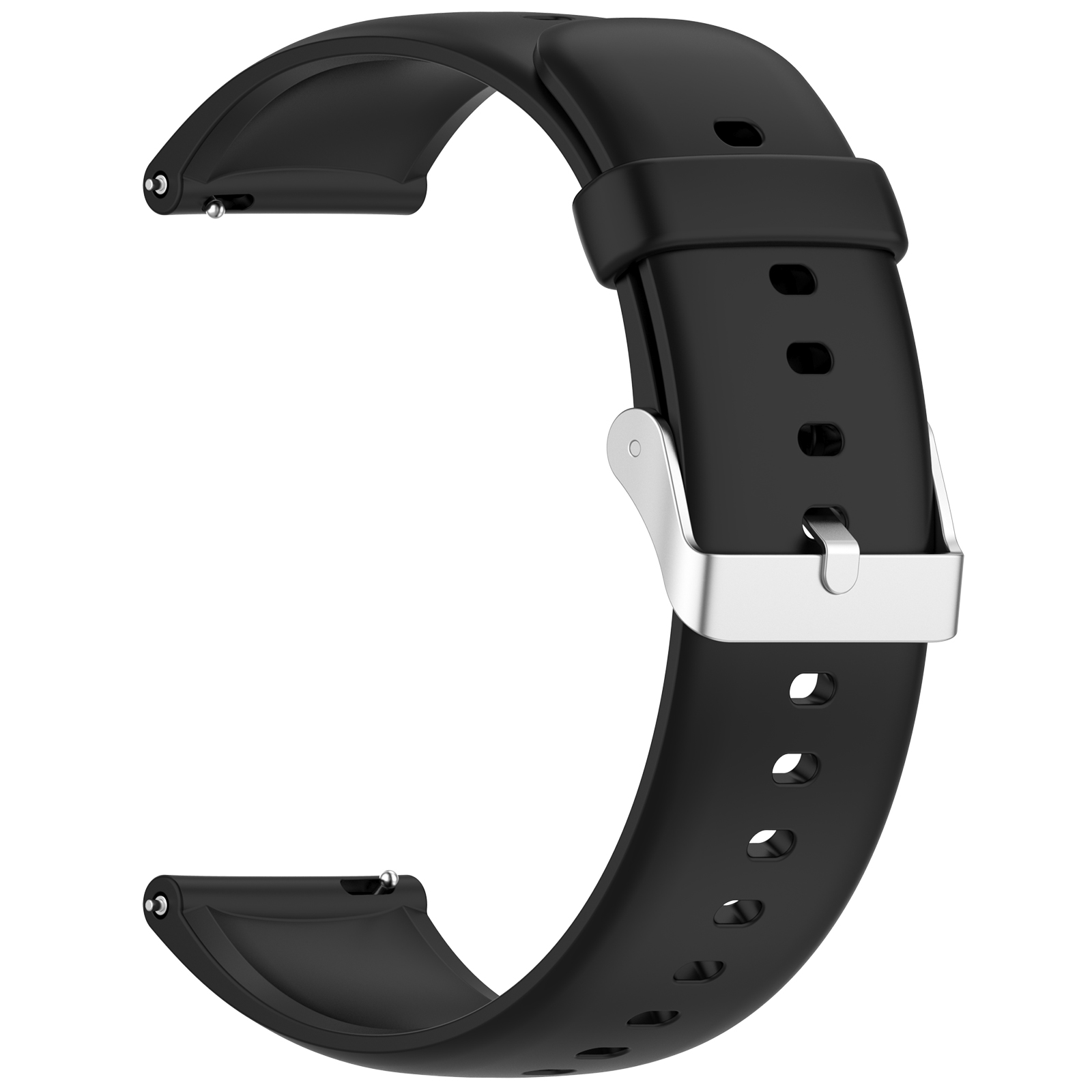 Schwarzes Uhrenarmband mit silberner Schnalle auf weißem Hintergrund.