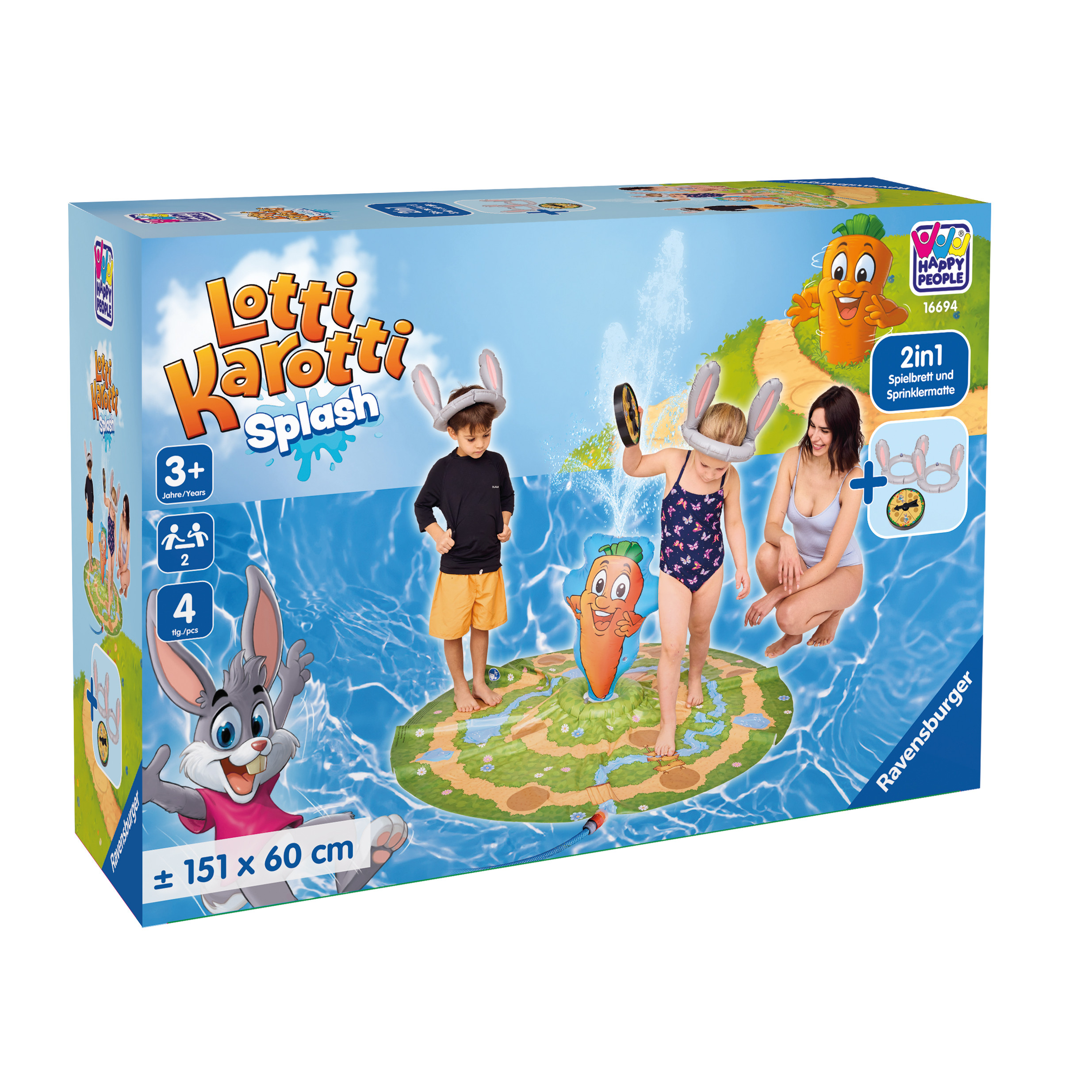 Eine Spielbox zeigt einen Cartoon-Hasen und Kinder, die auf einer Spritzmatte mit einer Karotte in einem Pool spielen.