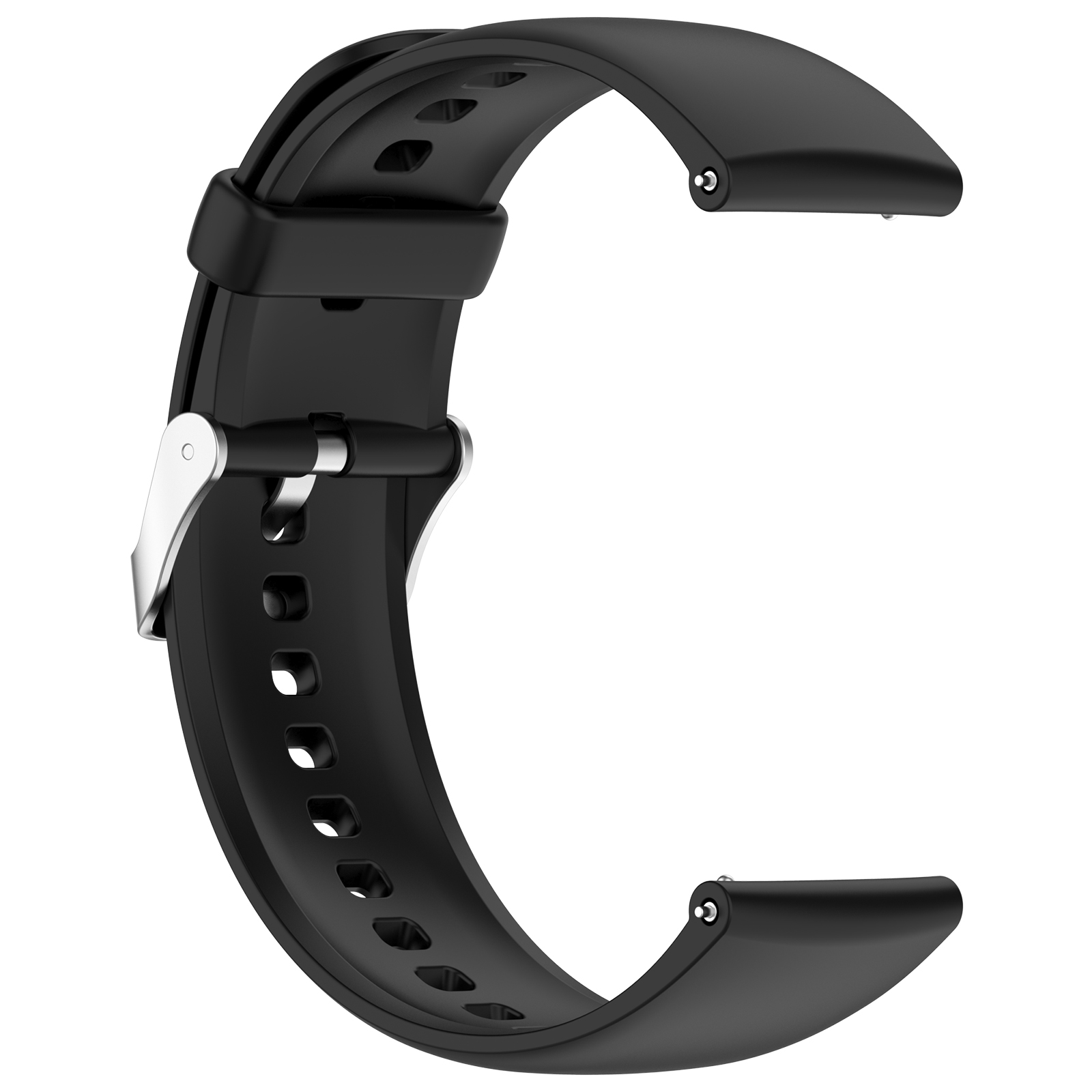 Ein schwarzes Uhrenarmband mit einer silbernen Schnalle. Das Armband ist gebogen und bereit, an einer Uhr befestigt zu werden.