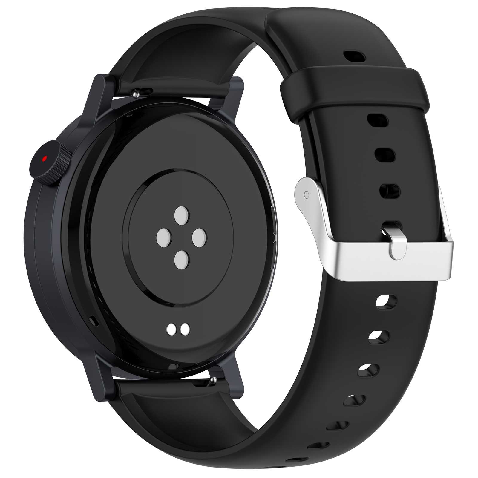Schwarze Smartwatch, Rückansicht. Hat ein schwarzes Armband mit silberner Schnalle. Rundes Display.