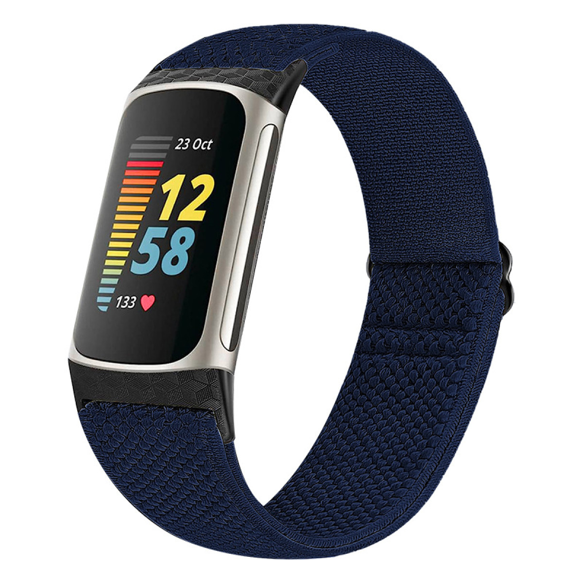 Smartwatch na niebieskim pasku, z cyfrowym wyświetlaczem pokazującym godzinę, datę i tętno.