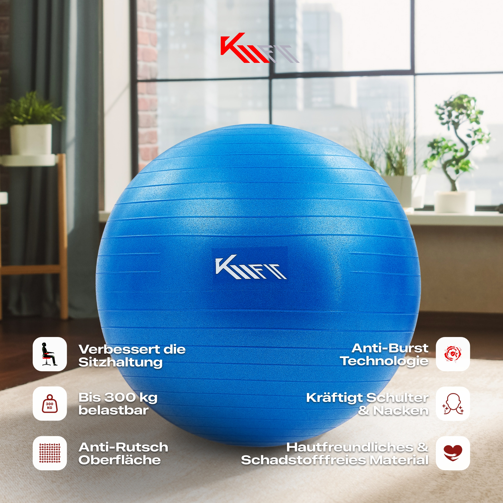 Blauer Fitnessball mit Text über Haltung und gesundheitliche Vorteile, auf weißer Oberfläche.