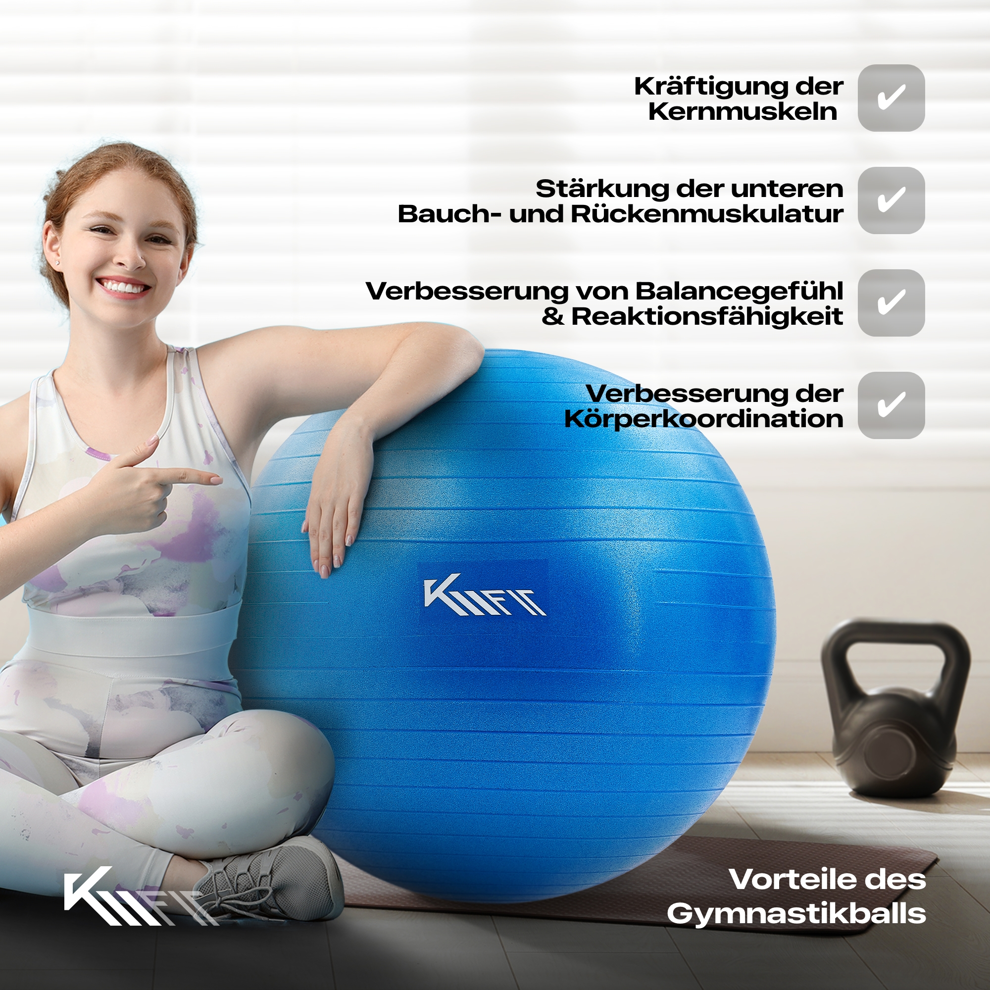 Frau mit blauem Gymnastikball. Text auf Ball: KiiFit. Vorteile des Gymnastikballs.